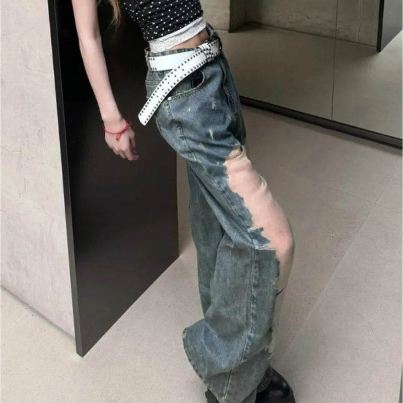 Retro Washed Ripped Baggy Jeans Pant For Women Summer Hollow Out