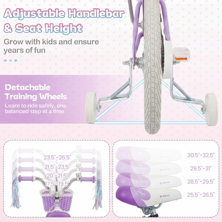 14 Inch Kids Bike Adjustable with Basket and Streamers Purple - Princess of the Sea Theme