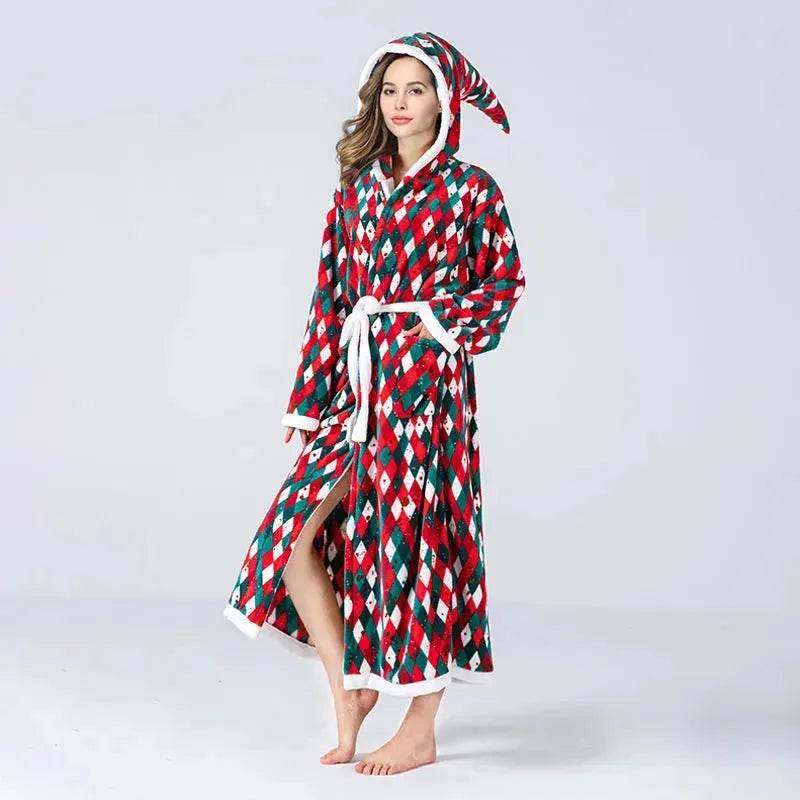 Christmas Sleepwear Women Fleece Hooded Bathrobe Plush Long Robe Winter