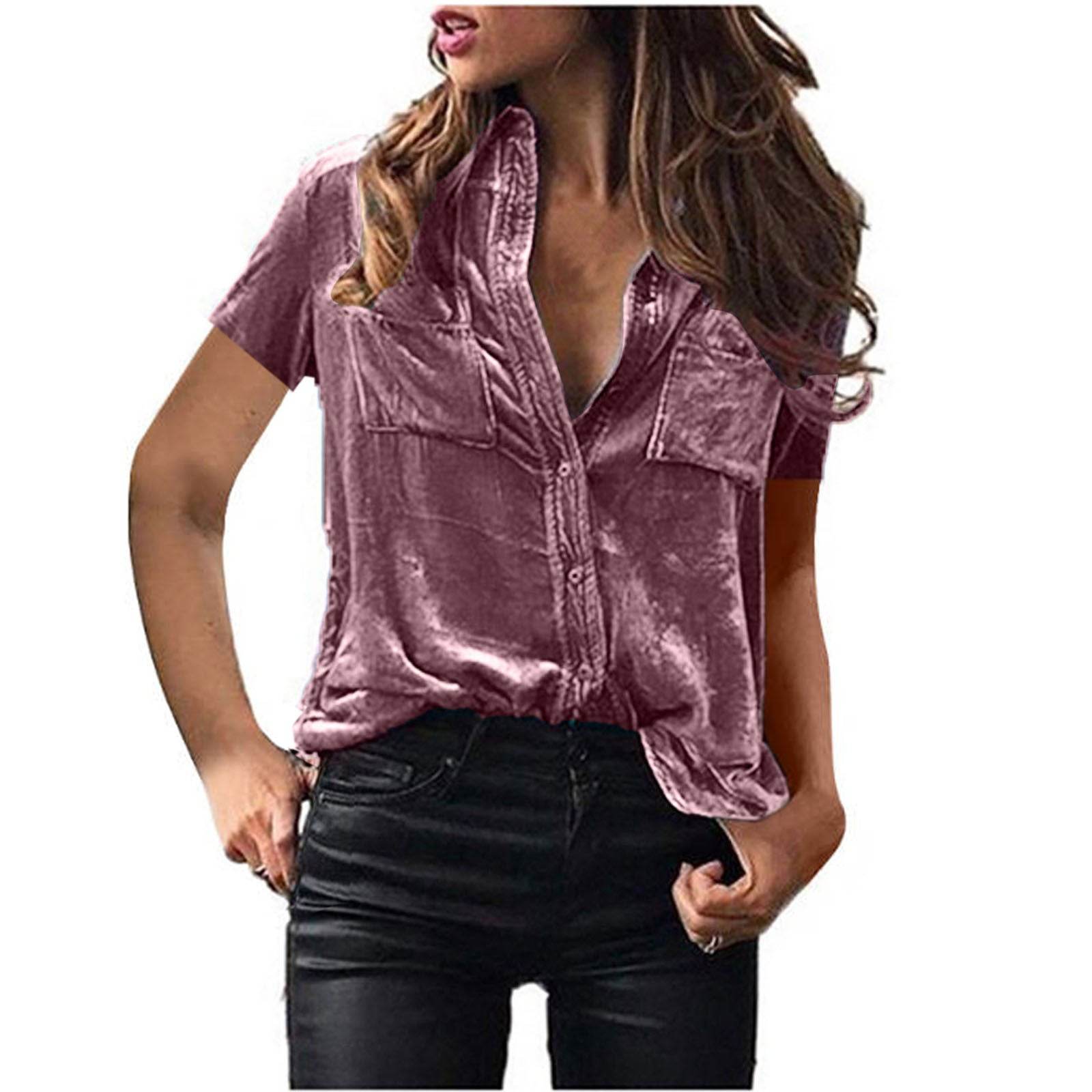 European And American Spring And Summer Pocket Short Sleeve Suede Shirt For Women