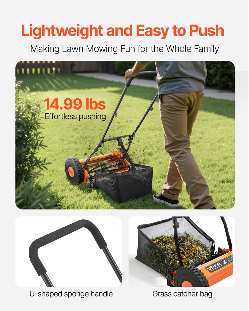 16' Manual Push Reel Lawn Mower 5-Blade Adjustable Height Grass Catcher 2 Wheels