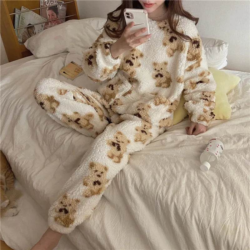 Polar Bear Fleece Winter Home Lounge wear Pajamas Set Women