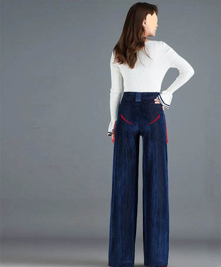 Gold Silk Striped Velvet Wide Leg trouser Pants Women