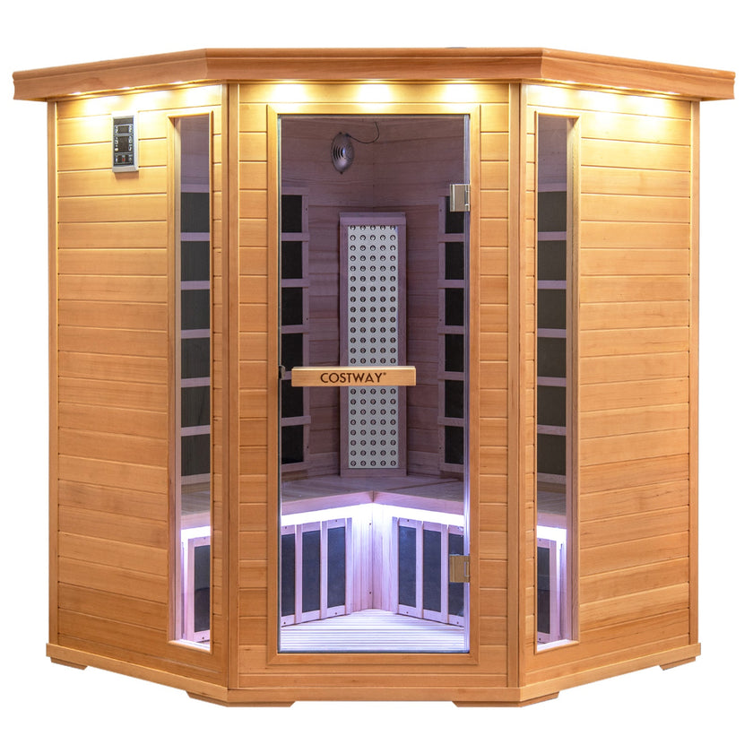 Mega Sale-NEW 2025 COSTWAY 3D Heat Far Infrared Corner Sauna (3–5 Person) – Canadian Hemlock Wood-Red Light Therapy+Near Infrared-Carbon & Mica Heaters,-Chromotherapy Lighting-Low EMF-Bluetooth Speakers