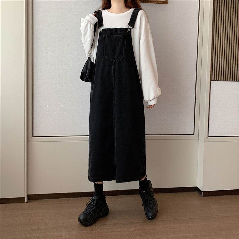 Student Denim Shoulder Strap Spring And Autumn Plus Size Mid-length Sling Black Denim Jumper Dress
