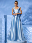 Square Neck Taffeta Puffy Pleated Maxi Dress With a Big Bow - Baby Blue