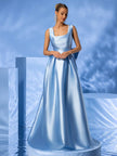 Square Neck Taffeta Puffy Pleated Maxi Dress With a Big Bow - Baby Blue