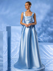 Square Neck Taffeta Puffy Pleated Maxi Dress With a Big Bow - Baby Blue