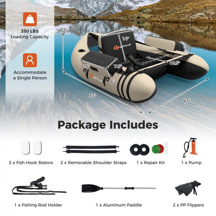Inflatable Fishing Float Tube with Fish Ruler and Pump Storage Pockets-Beige