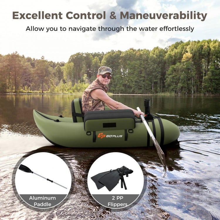 Inflatable Fishing Float Tube with Storage Pockets and Fish Ruler-Green