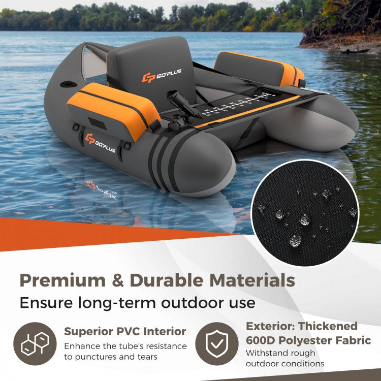 Inflatable Fishing Float Tube with Fish Ruler and Pump Storage Pockets-Gray