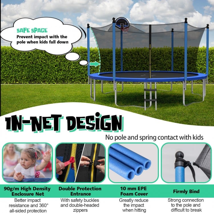 12/14/15/16 Feet Outdoor Recreational Trampoline with Ladder and Enclosure Net