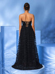 Strapless Black Sequin Ball Gown with Layered Tulle Ruffle Skirt – Luxe Prom & Gala Dress