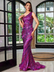 One-Shoulder Mesh Sequin Maxi Dress - Purple
