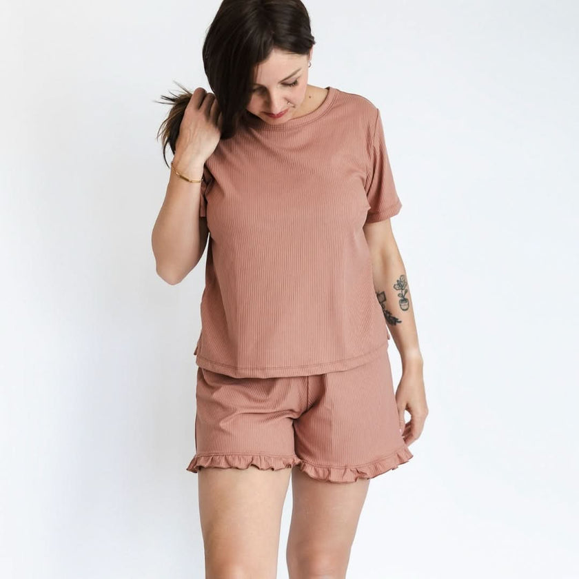 Ladies' Bamboo 2-Piece Short Sleeve Lounge Set | Terracotta Rib
