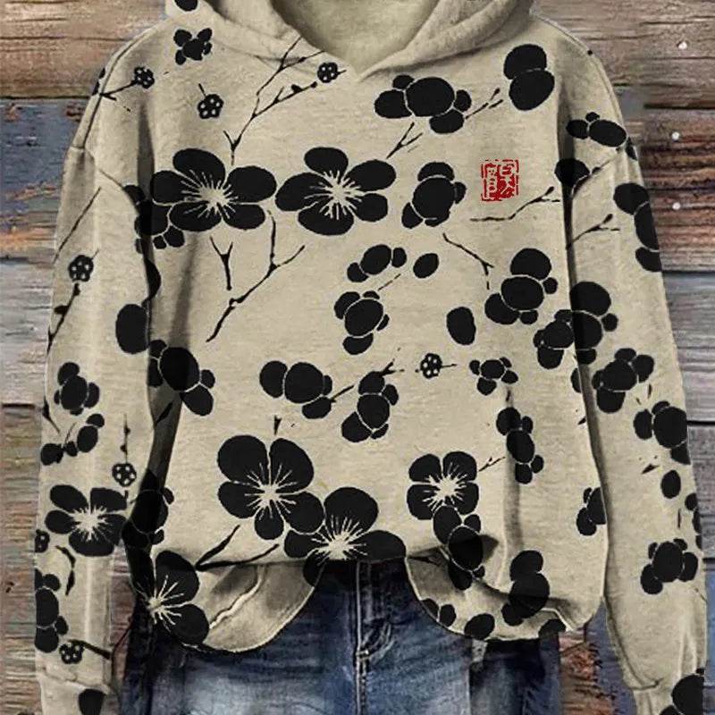 Women Fashion Spring And Autumn Plum Blossom Hooded Super Plus Size Loose-fitting Casual Pullover