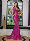 V-Neck Mesh Sequin Mermaid Maxi Dress - Fuchsia
