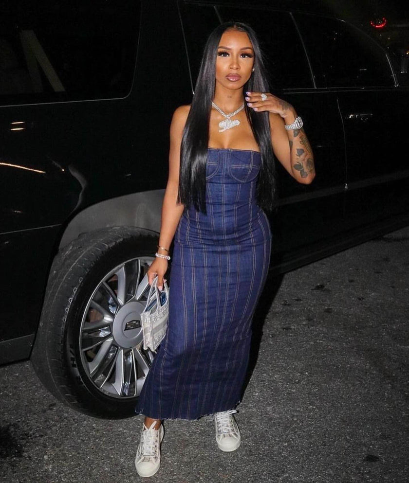 Fashion Strapless Tube Top Denim Long Fitted Jeans Dress