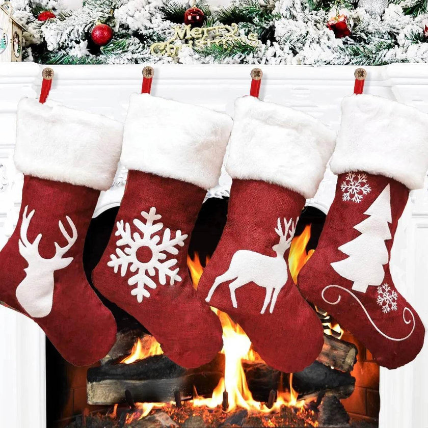 Christmas Stockings Gift Bag Red Hemp Elk Embroidery Christmas Stockings Gift Pendant