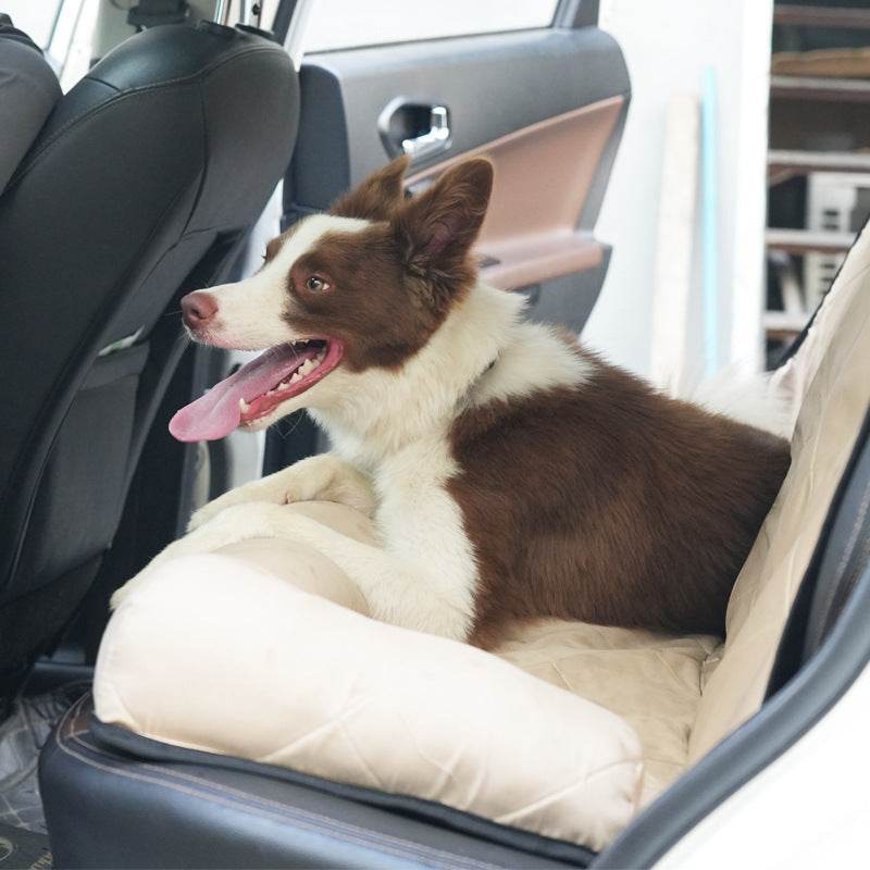 Dog Car Back Seat Bed – Plush Bolstered Pet Travel Seat (Khaki)