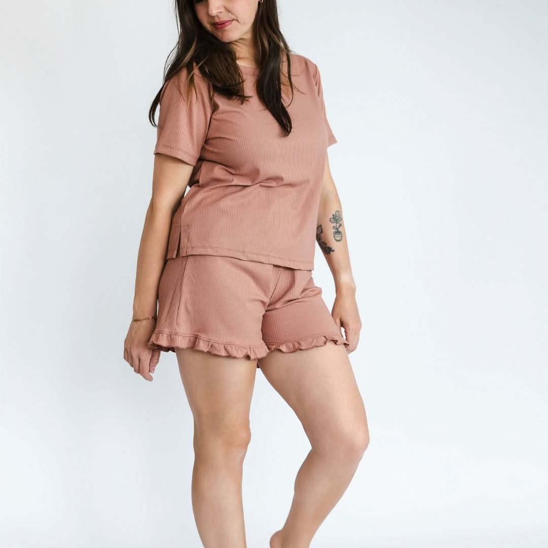 Ladies' Bamboo 2-Piece Short Sleeve Lounge Set | Terracotta Rib