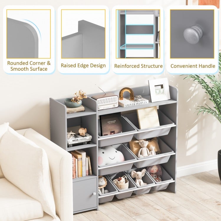 4-Tier Kids Bookshelf and Toy Storage Rack with 8 Toy Organizer Bins-Grey