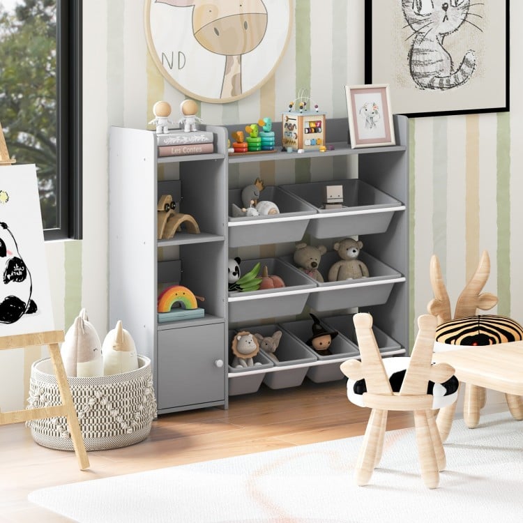 4-Tier Kids Bookshelf and Toy Storage Rack with 8 Toy Organizer Bins-Grey