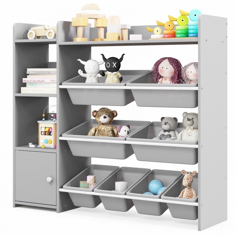 4-Tier Kids Bookshelf and Toy Storage Rack with 8 Toy Organizer Bins-Grey