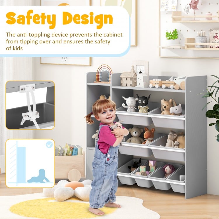 4-Tier Kids Bookshelf and Toy Storage Rack with 8 Toy Organizer Bins-Grey