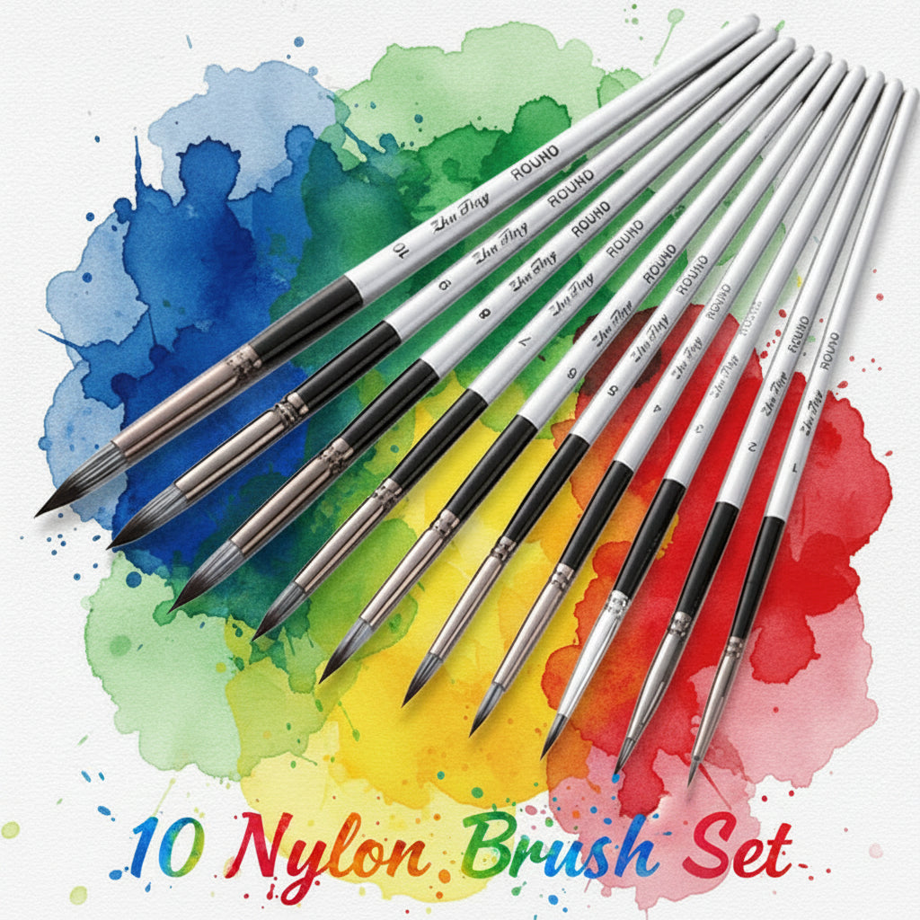 Nylon Hair Art Brush Set 10pcs – Watercolor, Oil & Acrylic Painting Brushes with Wood Handle