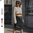 Russian Leather Midi Skirt, PU Leather, Belt, Side Slit, Women's Summer Skirt
