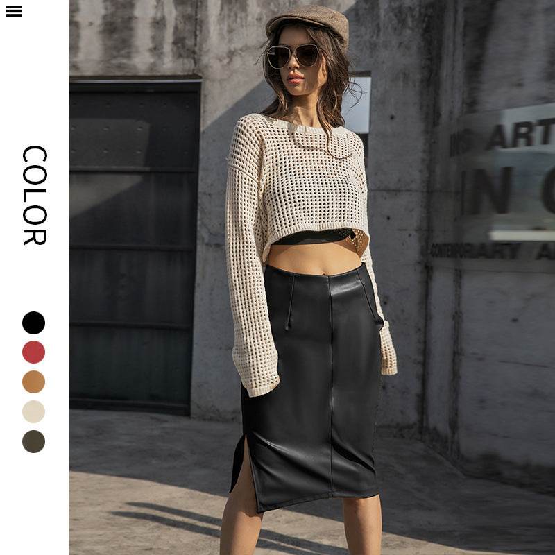 Russian Leather Midi Skirt PU Outer Belt Lining Side Zipper Back Zipper Design Sheath Women's Summer Side Slit Skirt