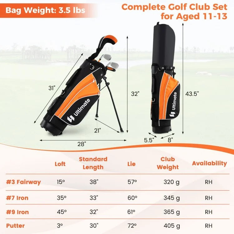 Complete Junior Golf Club Set for Kids Age 11–13 with Stand Bag, Fairway Wood, Irons & Putter