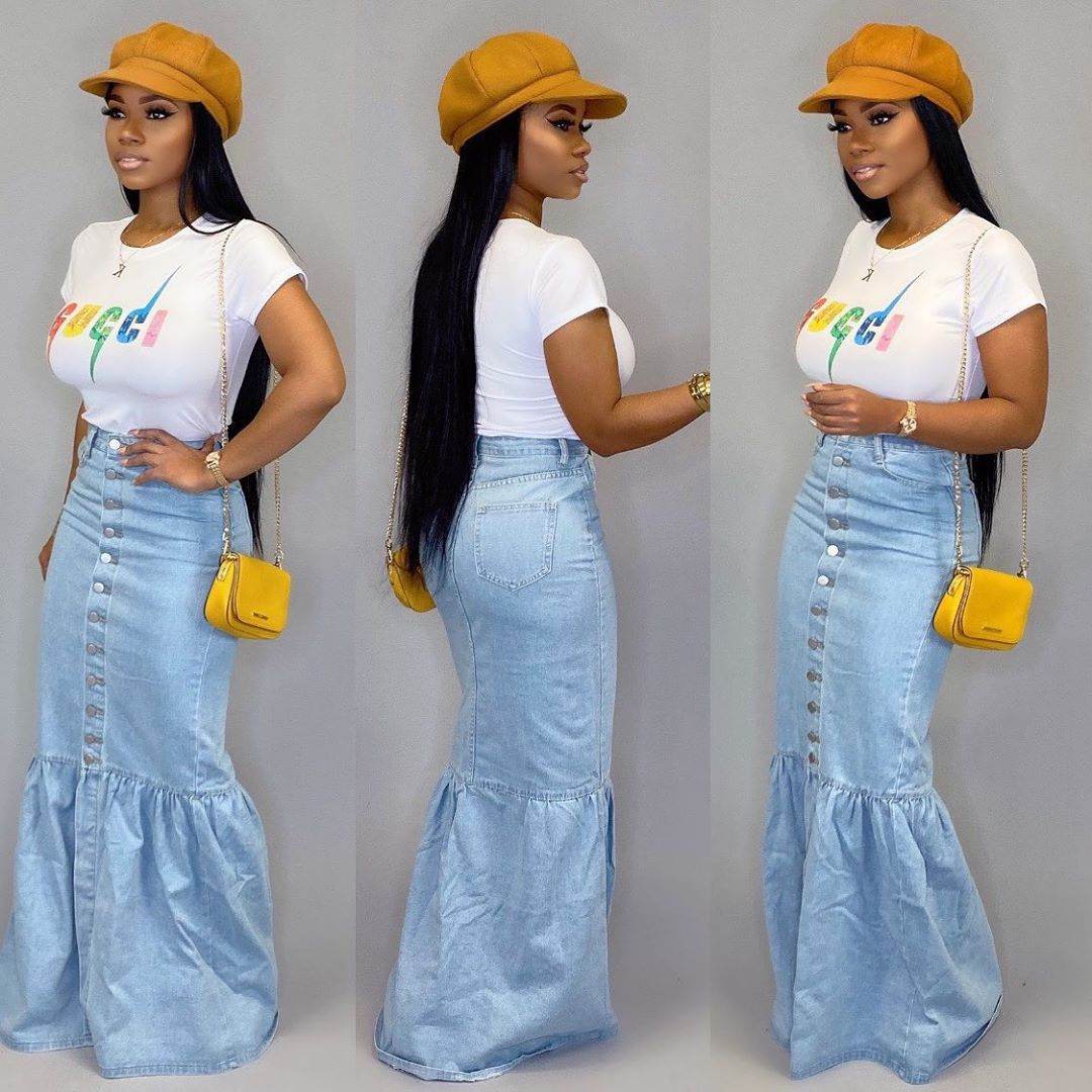 Women's Slim-fit Peplum Patchwork Long Denim Skirt fish tail style Jeans Skirt