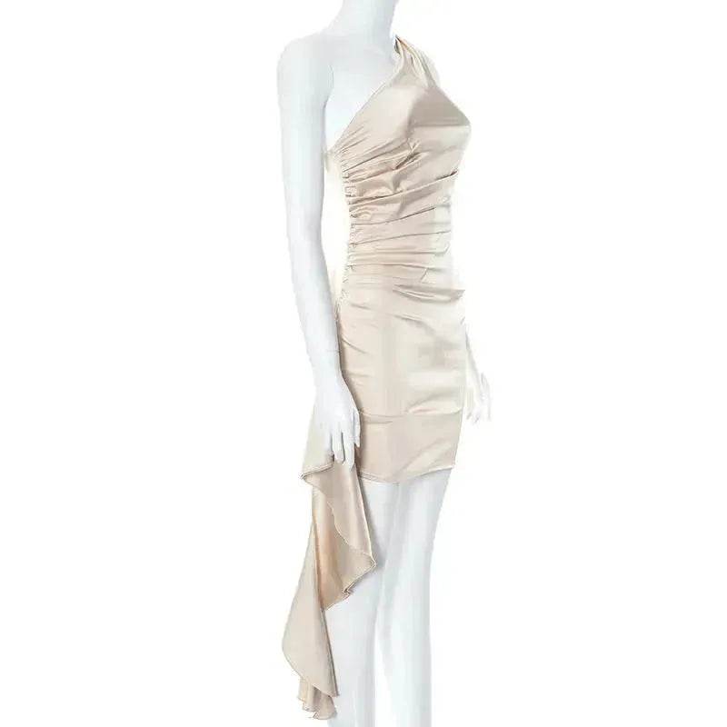 One-shoulder Sleeveless Mini Dress Charming Slim Backless Party Wedding Satin Dresses Womens Clothing