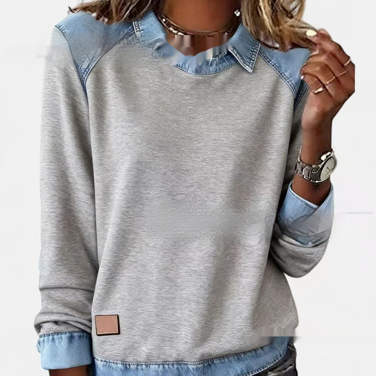 Denim Collar Long Sleeve Patchwork Knit Pullover Top – 16 Colours, S–XXXL