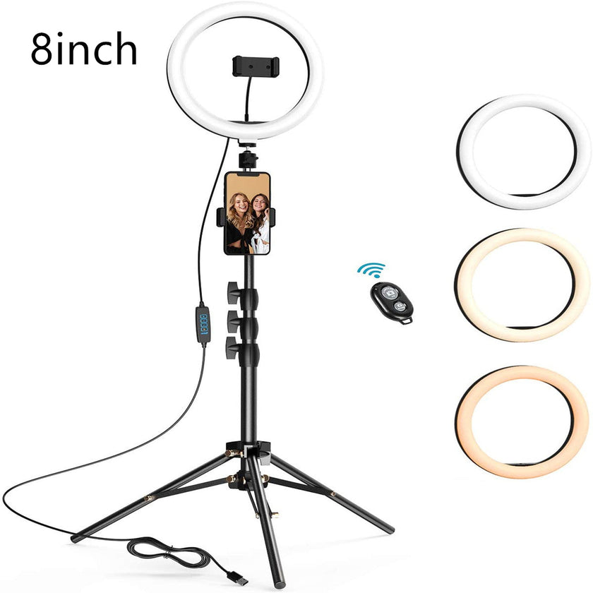 LED Ring Light with Tripod Stand, 8 10 12 inch, USB Powered, Phone Holder and Bluetooth Remote