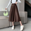 Elegant women High waist Flared Midi PU Leather skirt