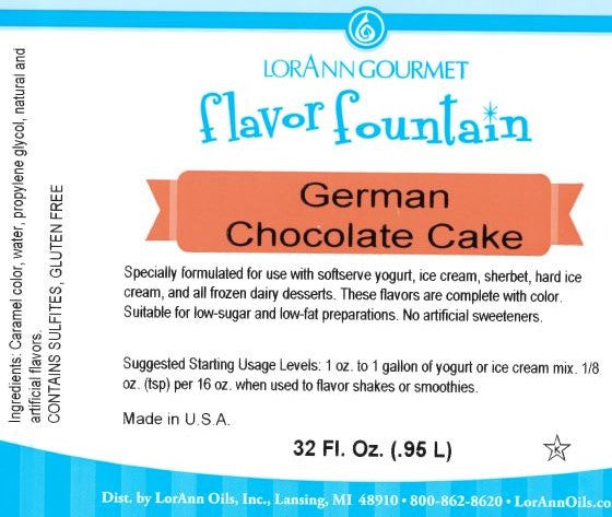 German Chocolate Cake Flavor Fountain - 4 oz. - 32 oz. - Ice Cream and Beverage Flavors - LorAnn Oils - Canadian Distribution - Ships Free Within Canada on Orders Above CAD $199