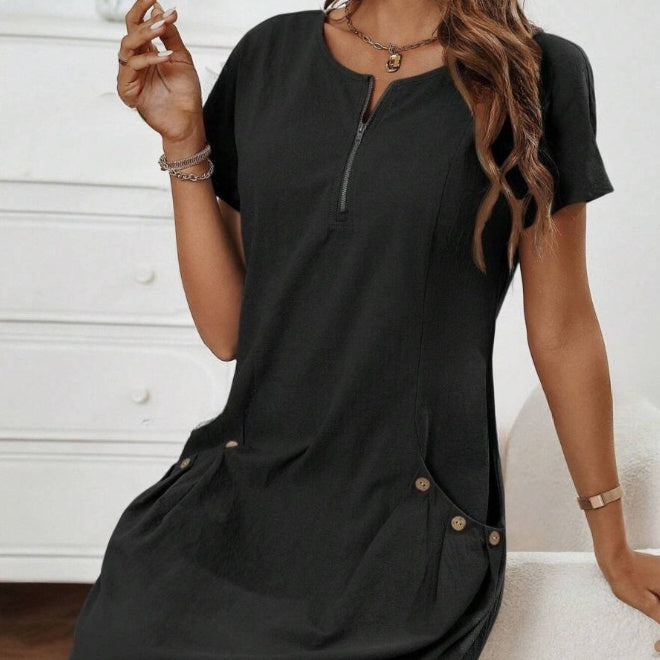 Women's Short-Sleeve Casual Dress with Pockets & Zipper – 12 Colors, S–3XL