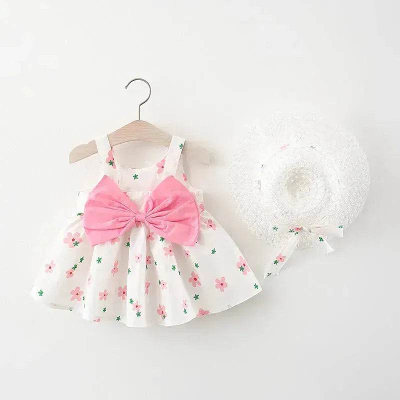 Baby Girl Floral Princess Dress with Matching Hat – Cotton Suspender Sundress for Toddlers