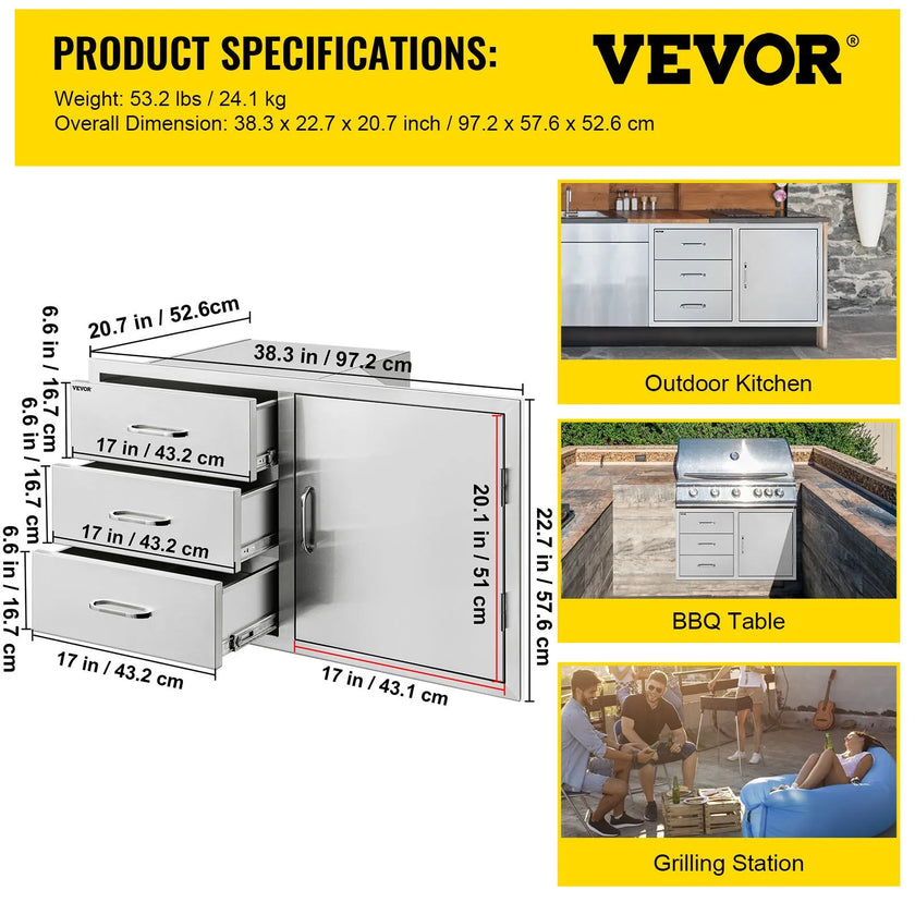 VEVOR Outdoor Kitchen Door Drawer Combo 38.1\'\'W x 22.6\'\'H x 20.8\'\'D, BBQ Access Door/Triple Drawers Combo with Stainless Steel Handles, Perfect for BBQ Island Patio Grill Station