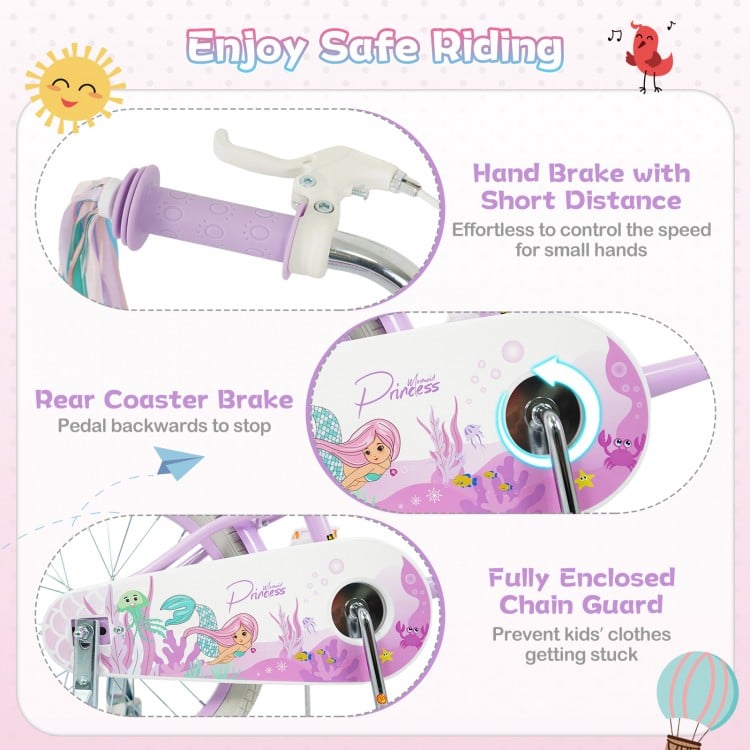 14 Inch Kids Bike Adjustable with Basket and Streamers Purple - Princess of the Sea Theme