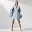 Elegant Cape Blazer Mini Dress For Women, Luxury Double-Breasted V-Neck Formal Dress With Structured Shoulders & Flowing Cape Sleeves.