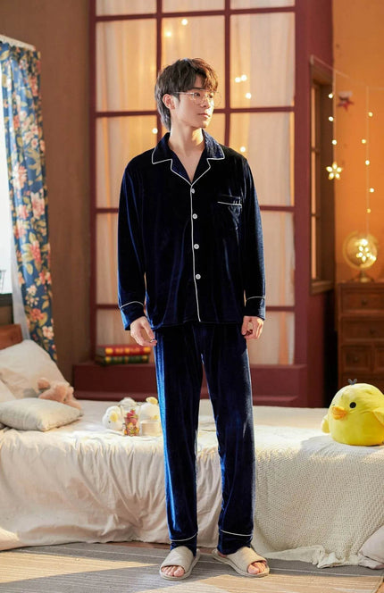 2pcs Couple Gold Velvet Long Sleeve Pajamas set