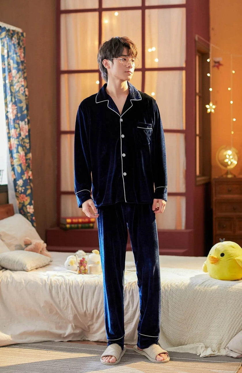 2pcs Couple Gold Velvet Long Sleeve Pajamas set