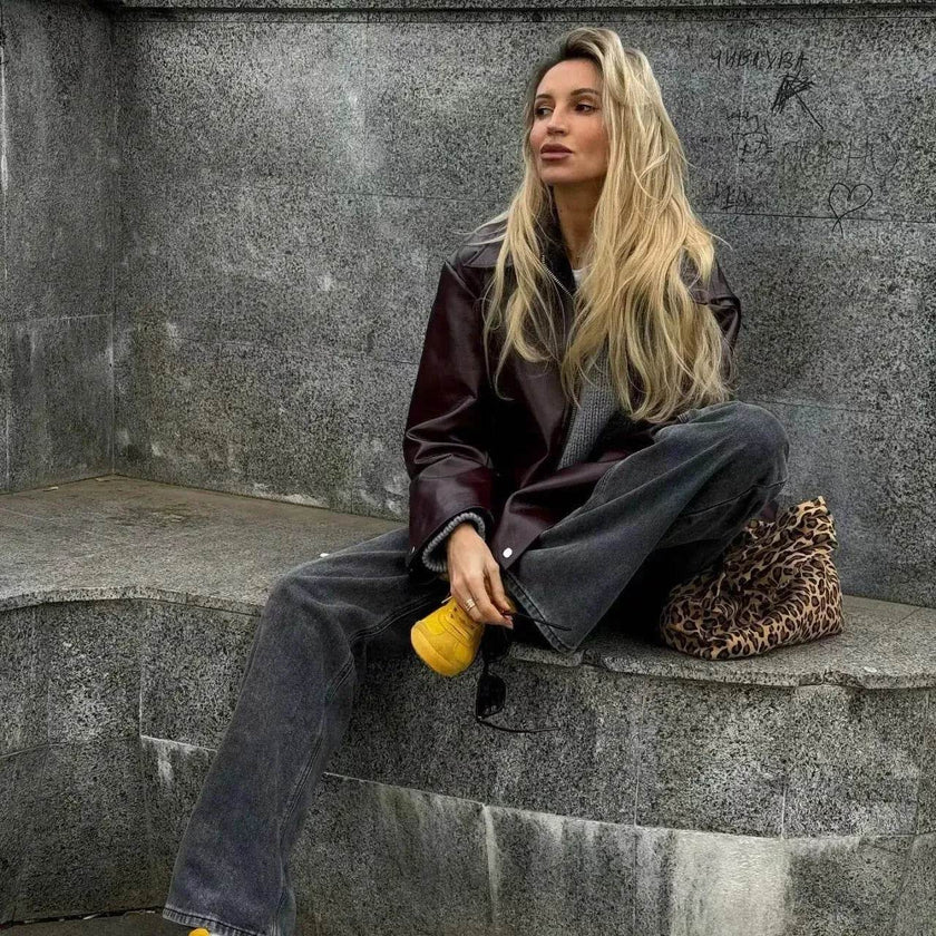 Fashioned Oversized zipper Lapel Leather coat jacket for women