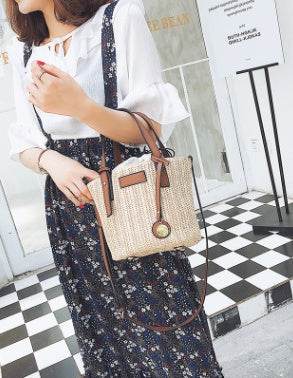 Women's bag hand-woven contrast color bucket straw bag cylinder handbag diagonal shoulder beach bag