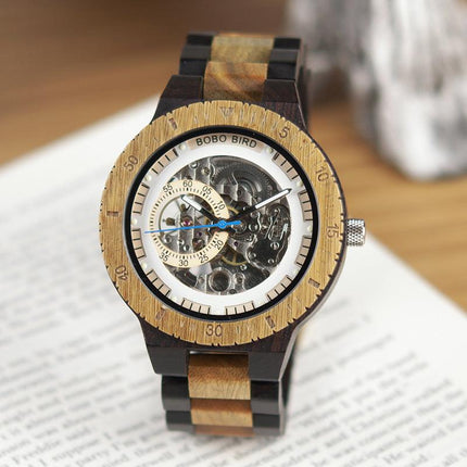 Wooden Mechanical Watch for Men – Skeleton Automatic Wristwatch (30M Waterproof)