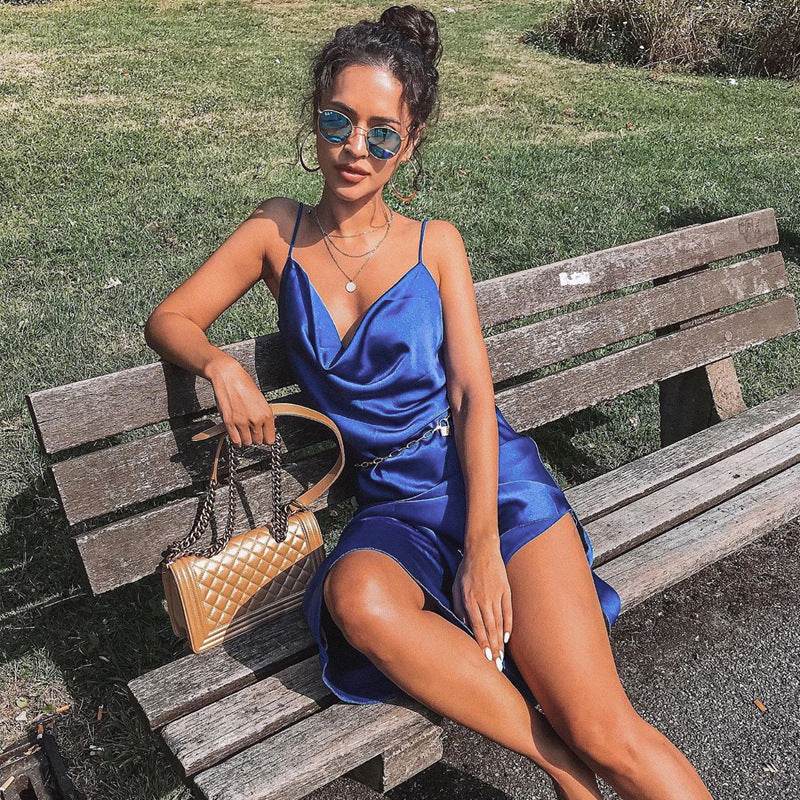 Women's Satin Drape Cowl Neck Sleeveless summer dress Strappy Cami Split Slit Party Midi Dress